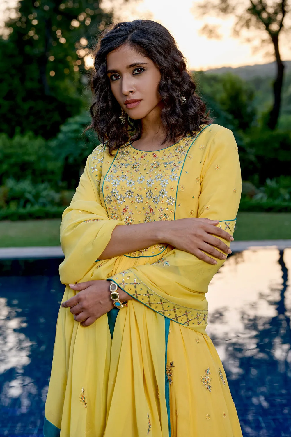 Yellow Georgette Kali Kurta With Gota Patti Hand Embroidery