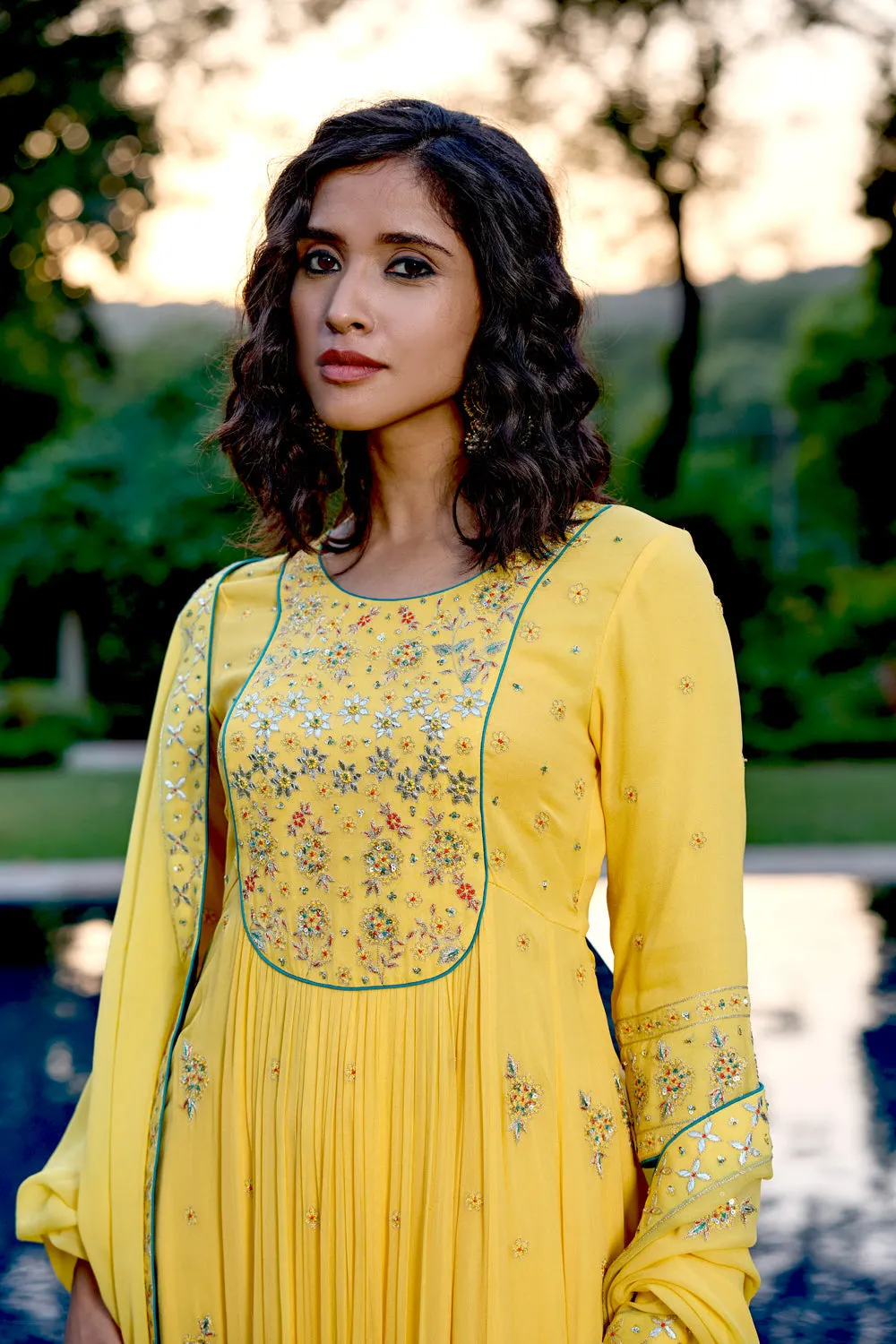 Yellow Georgette Kali Kurta With Gota Patti Hand Embroidery