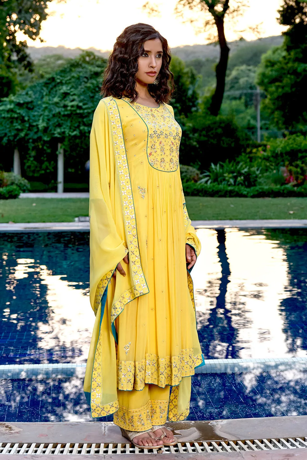 Yellow Georgette Kali Kurta With Gota Patti Hand Embroidery